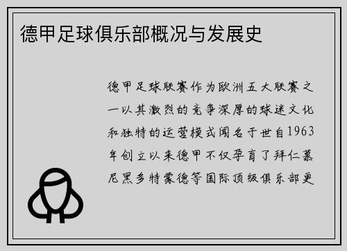 德甲足球俱乐部概况与发展史