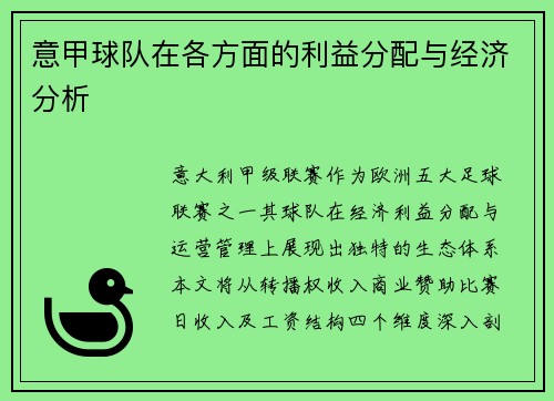 意甲球队在各方面的利益分配与经济分析