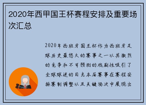 2020年西甲国王杯赛程安排及重要场次汇总